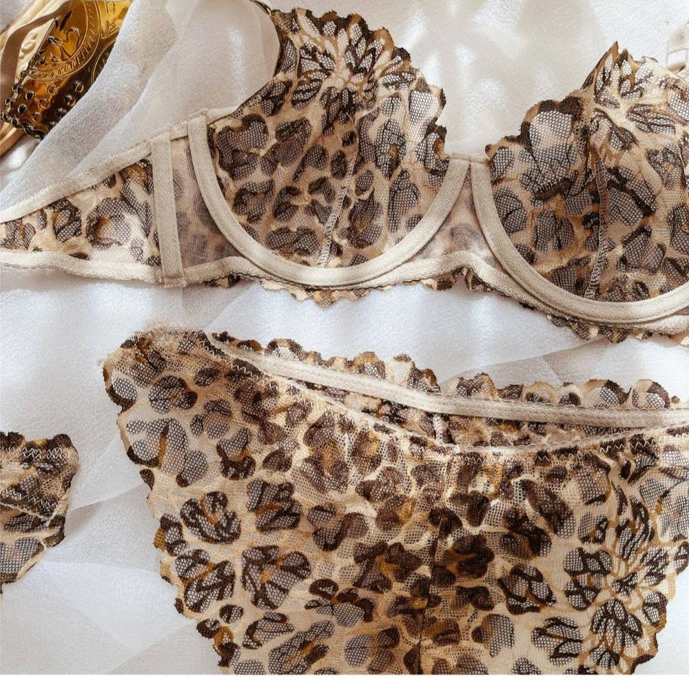 Summer Ultra Thin Women Lingerie Set Sexy Leopard Print Bra French Lace Flowers Embroidery Underwear Breathable Intimates Bras
