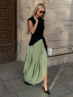 FDYOUI Elegant Solid Color Pleated Skirts for Women 2026 Chic High Slit Long Skirt High Street Office Lady Vacation Party Dress