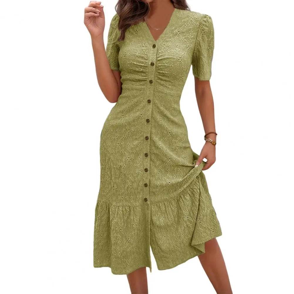 Women's Button Down Ruched Long Dress Summer Beach A-Line Swing Sundress Casual Short Sleeve V-Neck Maxi Dress