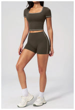 Speed Drying Tight Yoga Sets Women Color Contrast Short Sleeve Slim Sports Top High Waist Leggings Running Fitness Athletic Wear