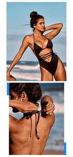 2026 New One Piece Swimsuit Swimwear Women Sexy Black Hollow Halter Straps Backless Solid Bathing Suit Beachwear Banadores Mujer