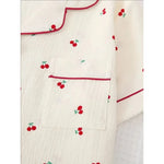 Cherry Print Textured Pajama Set Cute Short Sleeve Buttons Lapel Top & Elastic Shorts Women's Sleepwear