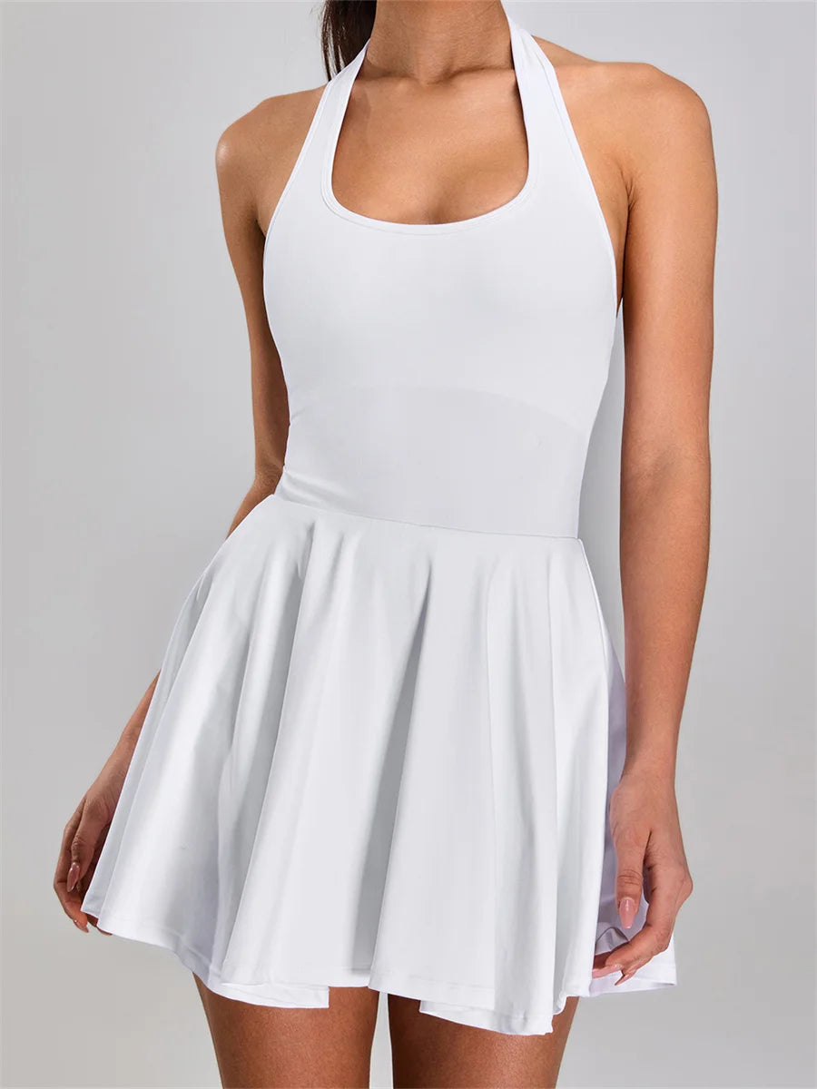 Summer Sleeveless Halter Slim Tennis Dress Women Sexy 2-in-1 Hollow Backless Golf Sports Dresses Outdoor Running Fitness Skirt