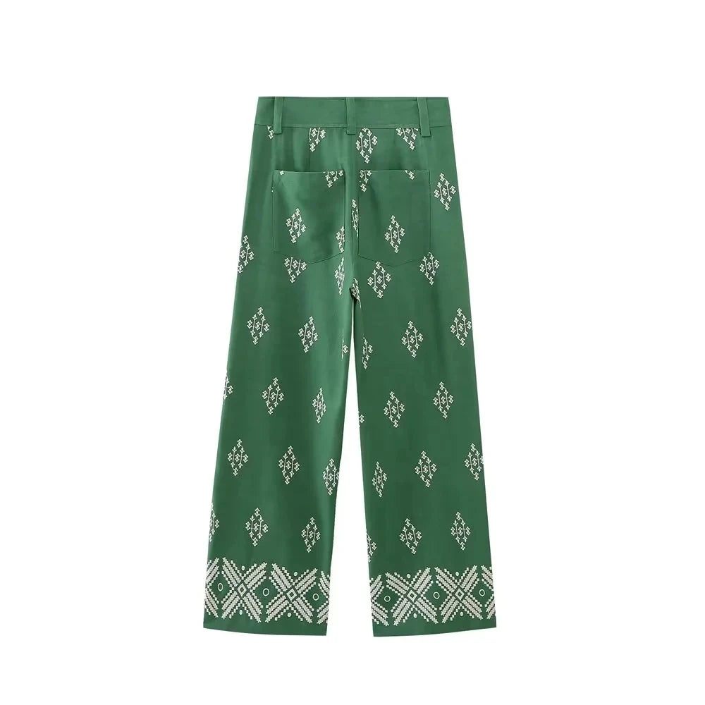 Foridol Geometric Embroidery Wide Leg Spring Summer Women Beige Long Pants Zip Fashion Trousers Pantalones De Mujer Autumn Pants