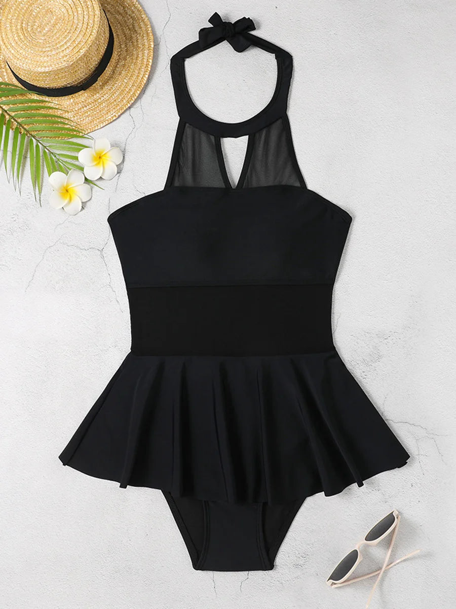 2026 Halter String Solid Swimsuit One Piece Sexy Black MeshSwimwear Women Bathing Suit Female Swimming Summer Beachwear Bodysuit