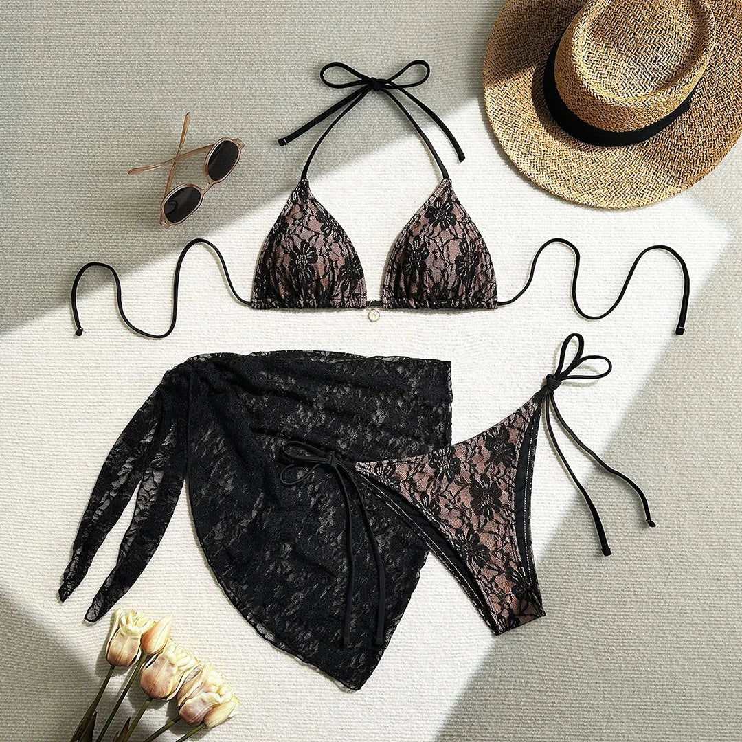 Mesh Sarong Lace Halter High Cut Bikini Female Swimsuit Women Swimwear Three-Pieces Bikini Set Bather Bathing Suit Swim V6284