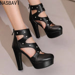 NASBAVI Summer Fashion Women Sandals Round Toe Chunky Heels 12cm Platform 3.5cm Zipper Crystal Plus Size 48 49 50 Party Shoes