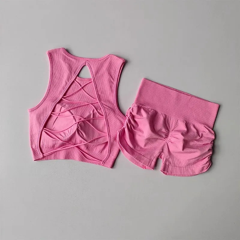 Women's Backless Cross Belt Sports Vest Yoga Exercise Fitness Suit Threaded Pleated Hip Lifting Shorts Set