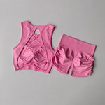 Women's Backless Cross Belt Sports Vest Yoga Exercise Fitness Suit Threaded Pleated Hip Lifting Shorts Set