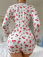 Summer Onesies Women's Sexy Pajamas Bodysuit Casual Cherry Print V-neck Front Button Long Sleeve Slim Fit Jumpsuit Sleepwear