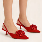 2026 Big Size 43 Summer Women's Pointy Toe Kitten Heels Slingback Satin Sandals Elegant Sandal Rose Flower Office Lady Shoes