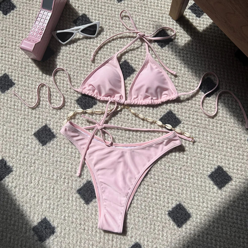 Sexy White Shell String Halter Triangle Bikini Set Women Swimwear Micro Thong Swimsuit Bathing Suit Mini Bikinis 2026 Mujer Swim