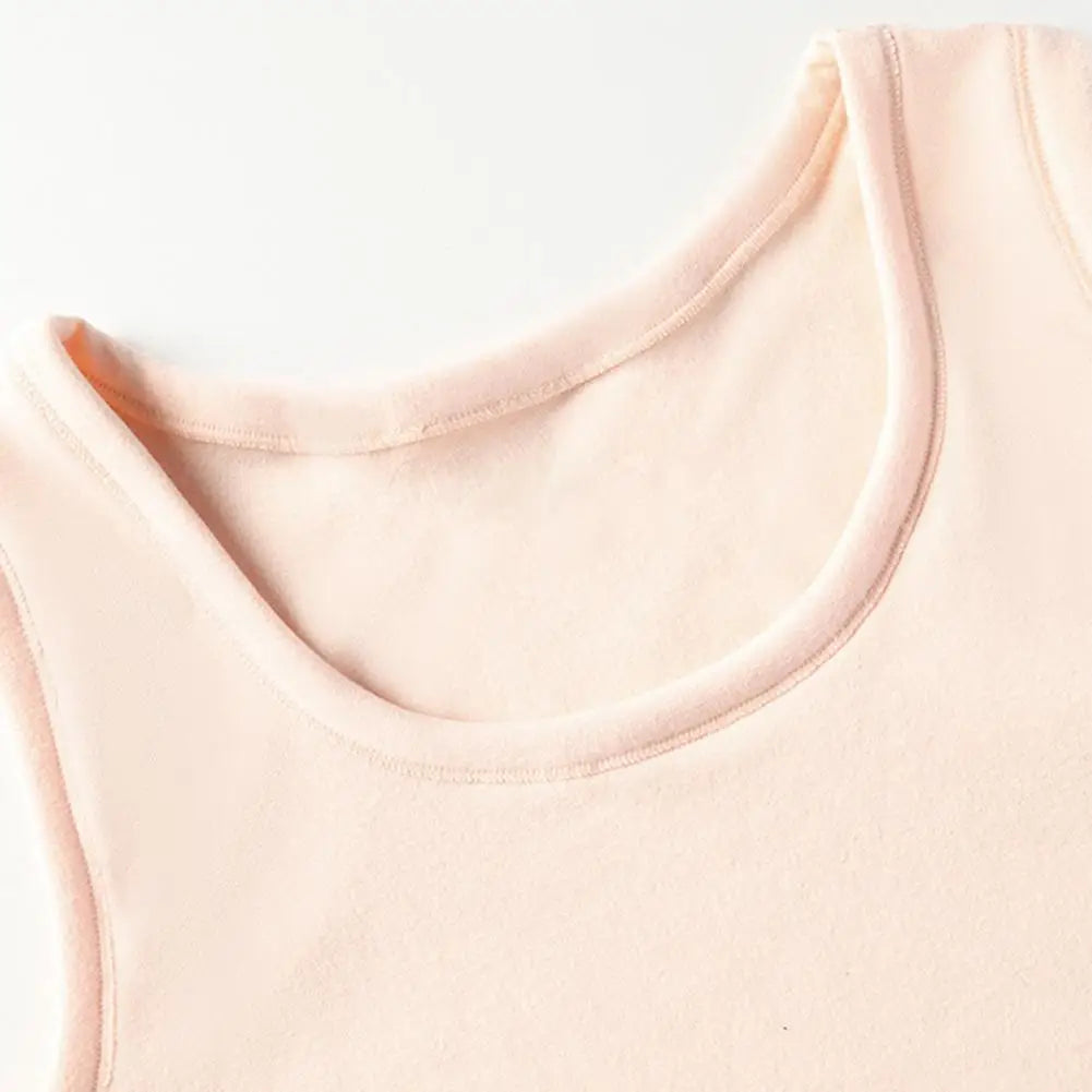 Women Thermal Vest Round Neck Sleeveless Thick Fleece Lining Bottom Vest Solid Color High-Elastic Fit Thermal Tops