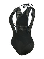 S - XL Deep V Neck Knit Fishnet Mesh One Piece Swimsuit Women Swimwear Female Backless Monokini High Leg Cut Bathing Suit Swim