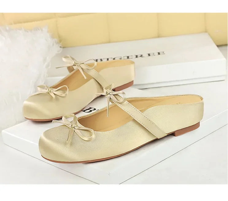 BIGTREE Satin Bow With One Strap With Shallow Mouth Half-Tugging Women's Hollow Inner Heightened Round-Head Sandals Comfortable