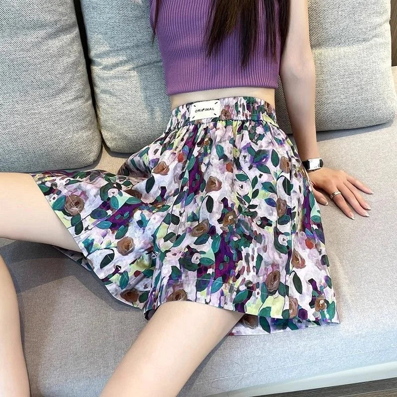 Summer Oil Painting Floral Shorts for Women Casual Wide Leg Shorts Large Siz Loose Floral Print Shorts Elastic Band Casual Pants