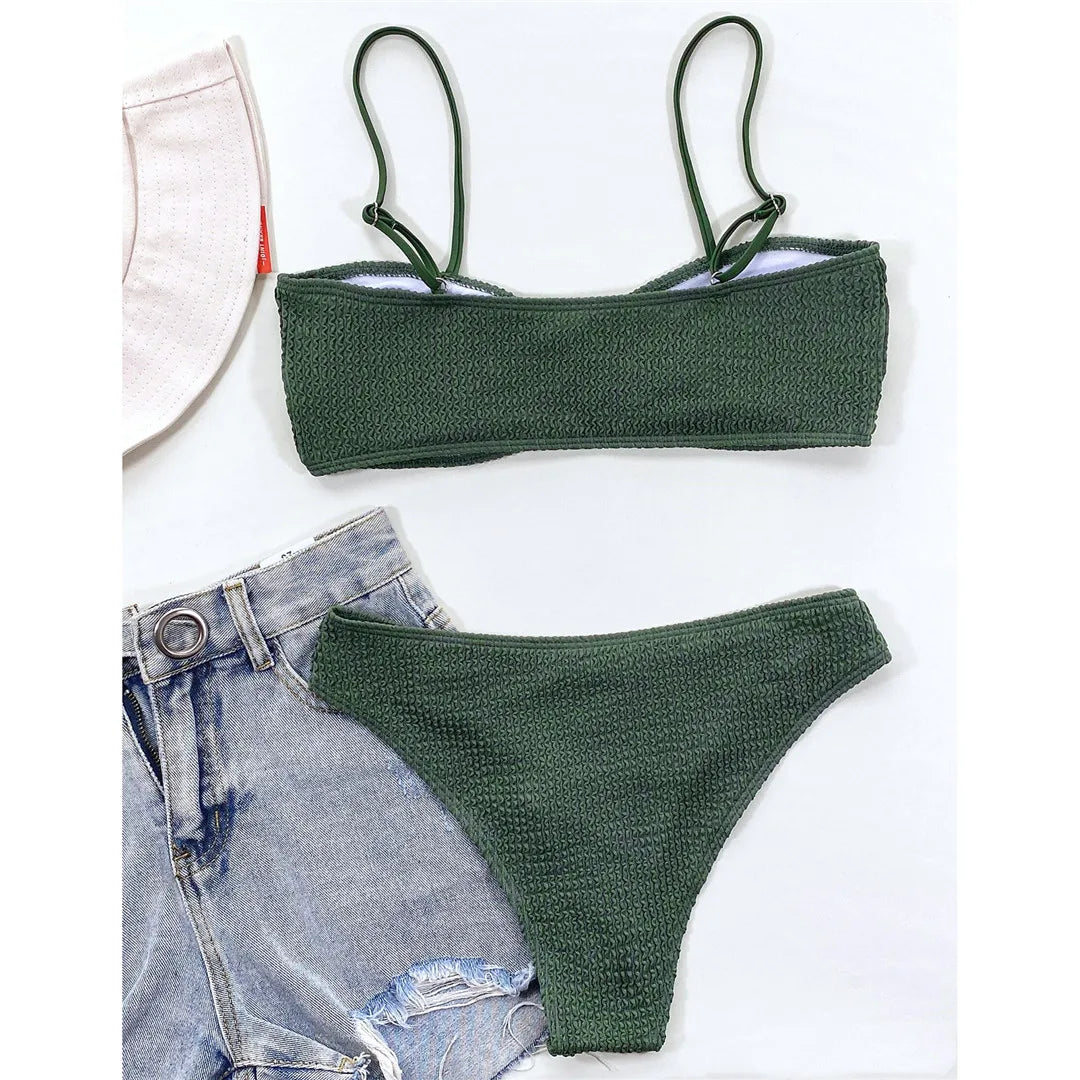 New Sexy Wrinkled Mid Waist PaddedBikini Women Swimwear Female Swimsuit Two-Pieces Bikini Set Bather Bathing Suit Swim V3163