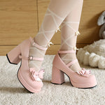 Plus Size 48 Women's Sweet Lolita Mary Jane Heels Pumps Heart Buckle Cross Ankle Strap Bow Platform 5.5cm Block Heel Goth Shoes