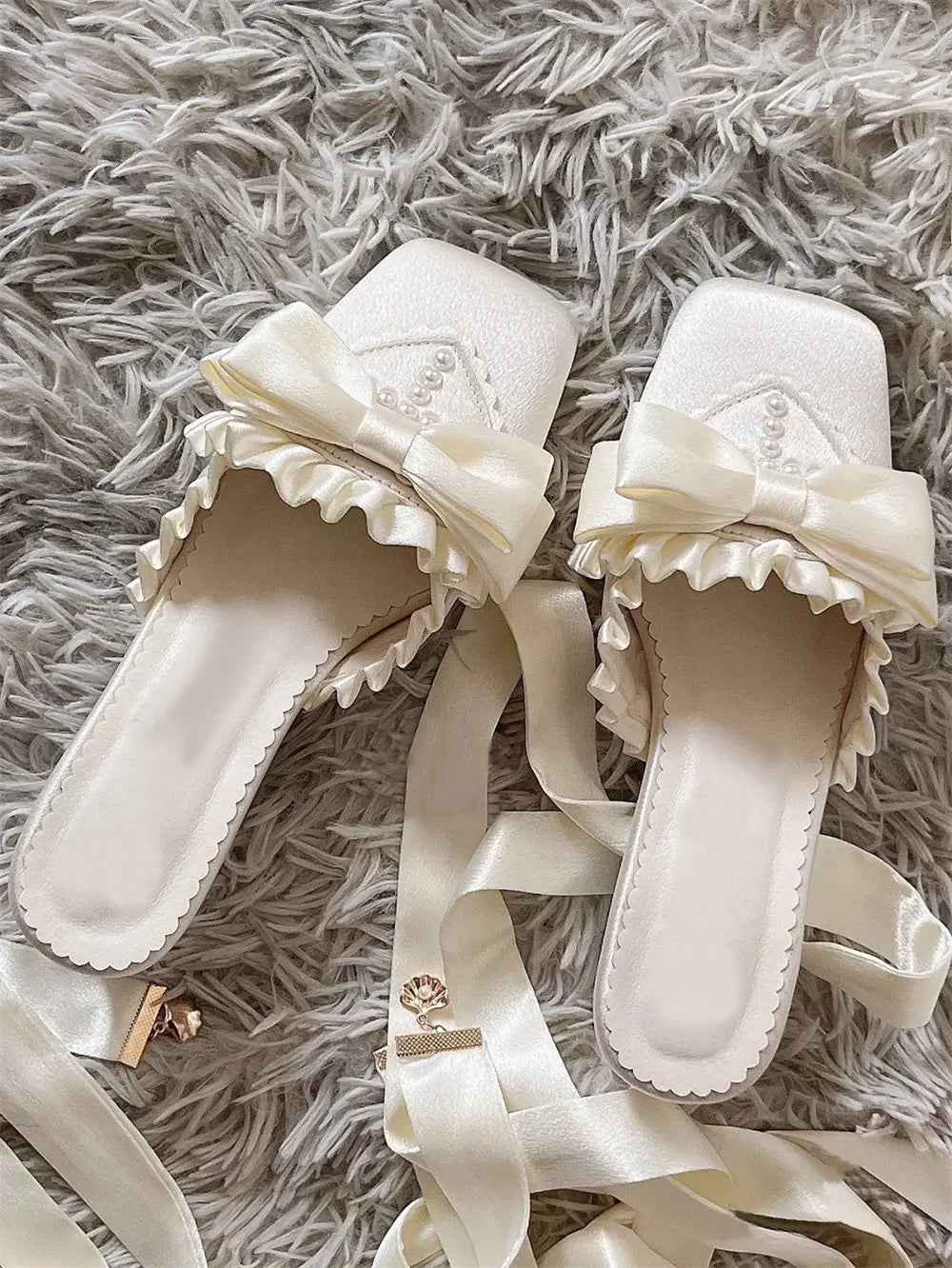 Brand New Vintage y2k Square Toe Mules Pumps Gothic Ruffles Lolita Bow-knot Block Heels Ribbon Tie Ballet Shoes Women