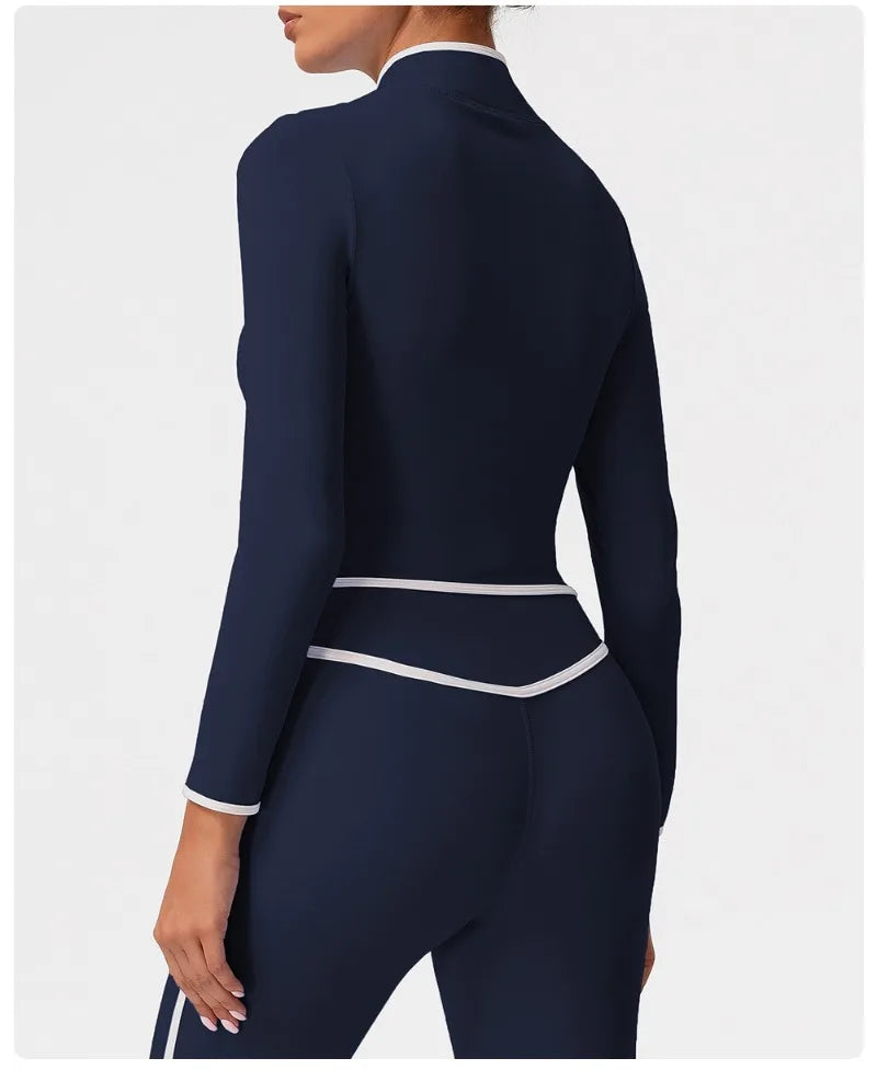 Women's Yoga Top Color-Block Zipper Stand Collar Bare Jacket Autumn Winter Outerwear Running Fitness Long Sleeve Coat