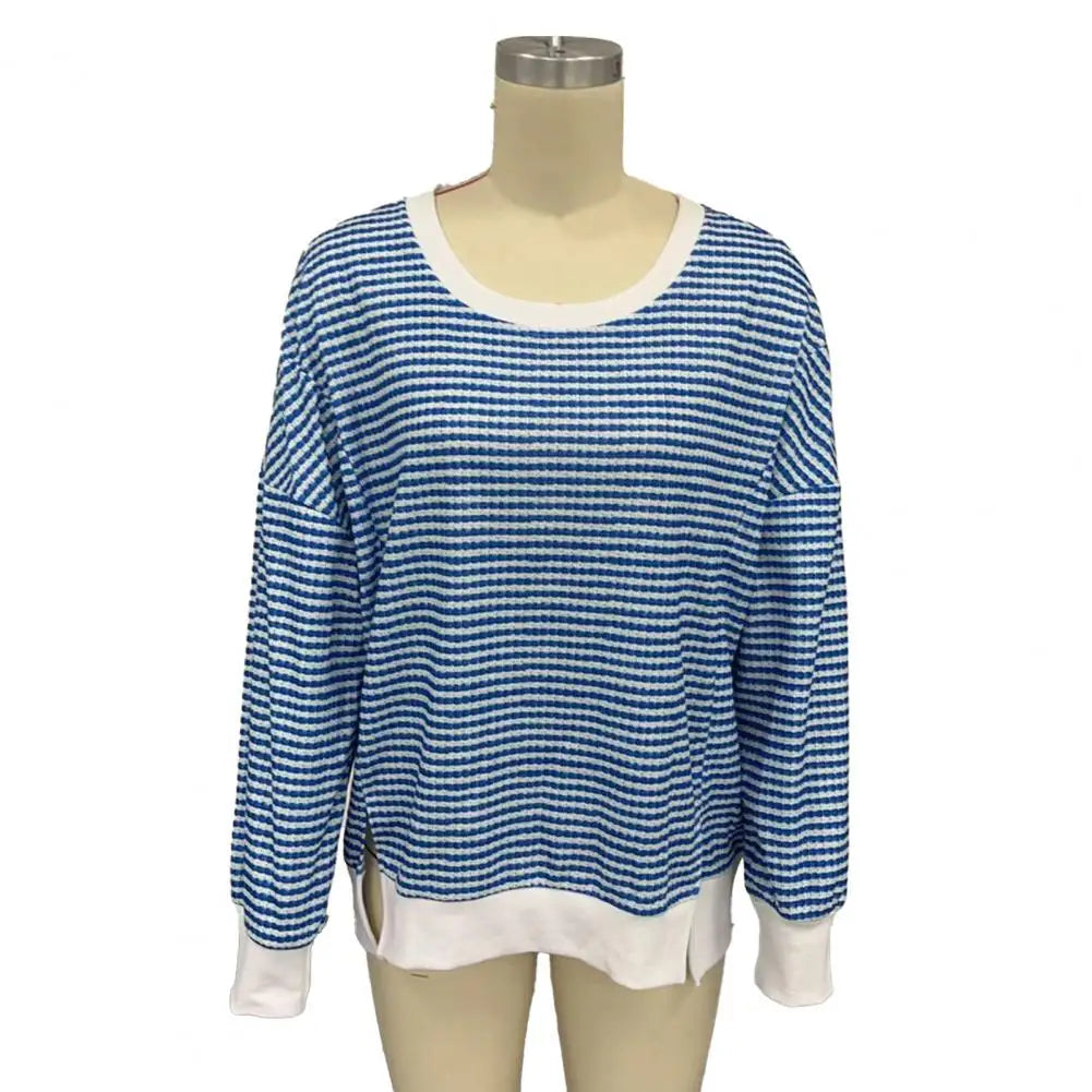 Long Sleeve Crewneck T-Shirt Split Hem Women Striped Oversized Sweatshirt Waffle Knitted Tunic Top Casual Women Sweater