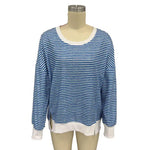 Long Sleeve Crewneck T-Shirt Split Hem Women Striped Oversized Sweatshirt Waffle Knitted Tunic Top Casual Women Sweater