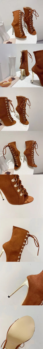 Big Size 42 Sexy Cross-tied Jazzi Summer Boots Women Elegant Brown Zip-up Thin High Heels Summer Ankle Boots Stiletto Shoes