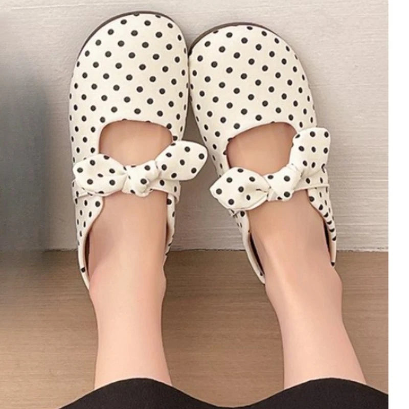 Spring/Summer Women Soft Sole Flats Sandals polka dot Round Toe Elegant Butterfly-knot Shoes