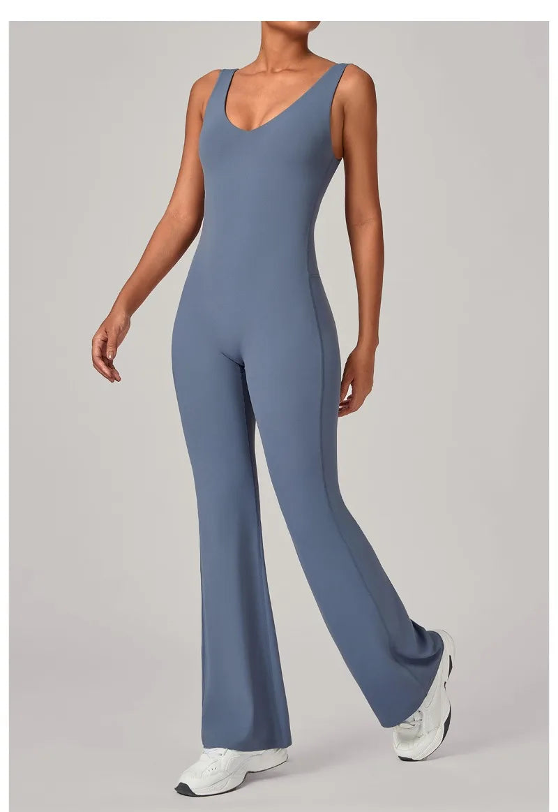 Women's Seamless Yoga Jumpsuits Sports Fitness Sleeveless Hip-lifting Flared One-piece Workout Gym Training Slim Fit Bodysuits