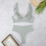 2026 Summer Sexy Deep V Neck Swimsuit Frill Trim High Waist Bikini Set Striped Print Backless Swimwear Bathing Suit Beachwear