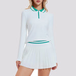VITALINOVO Tennis Skirt Sets for Women Zipper Color Block Shirts High Waisted Golf Polo Two Piece Skirt Set Women 2 Piece Outfit