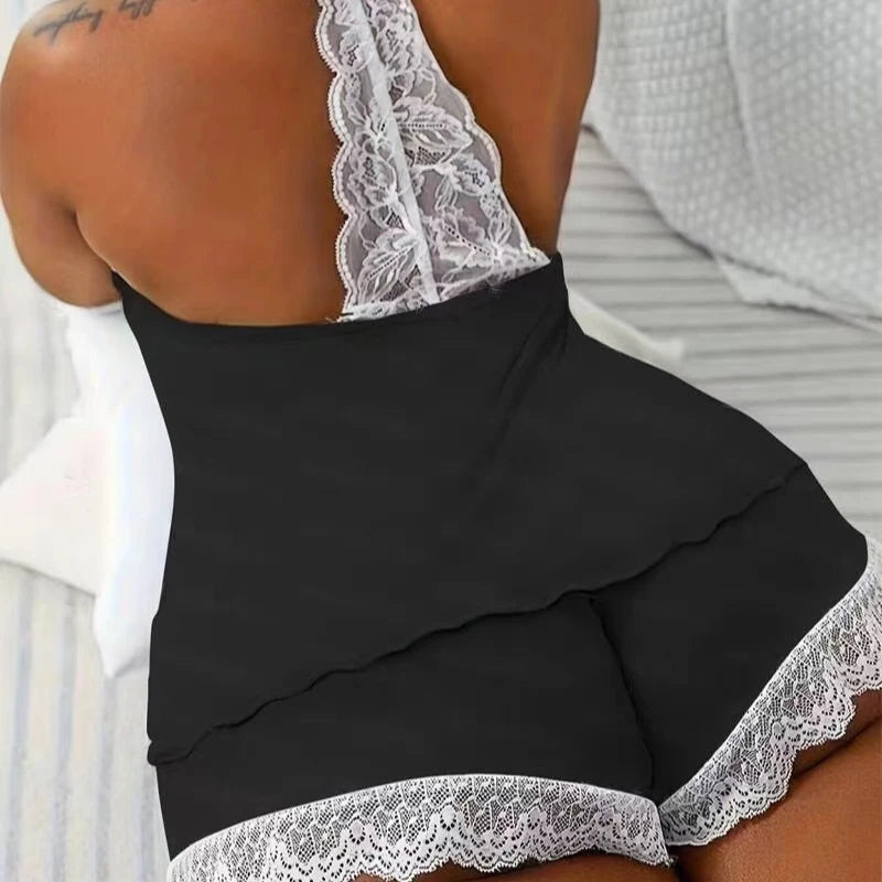 Women's Crochet Lace Pajamas Sleeveless V-Neck Set Casual Daily Wear 2 Piece Sleepwear Suit Sexy Solid Home Clothes Summer