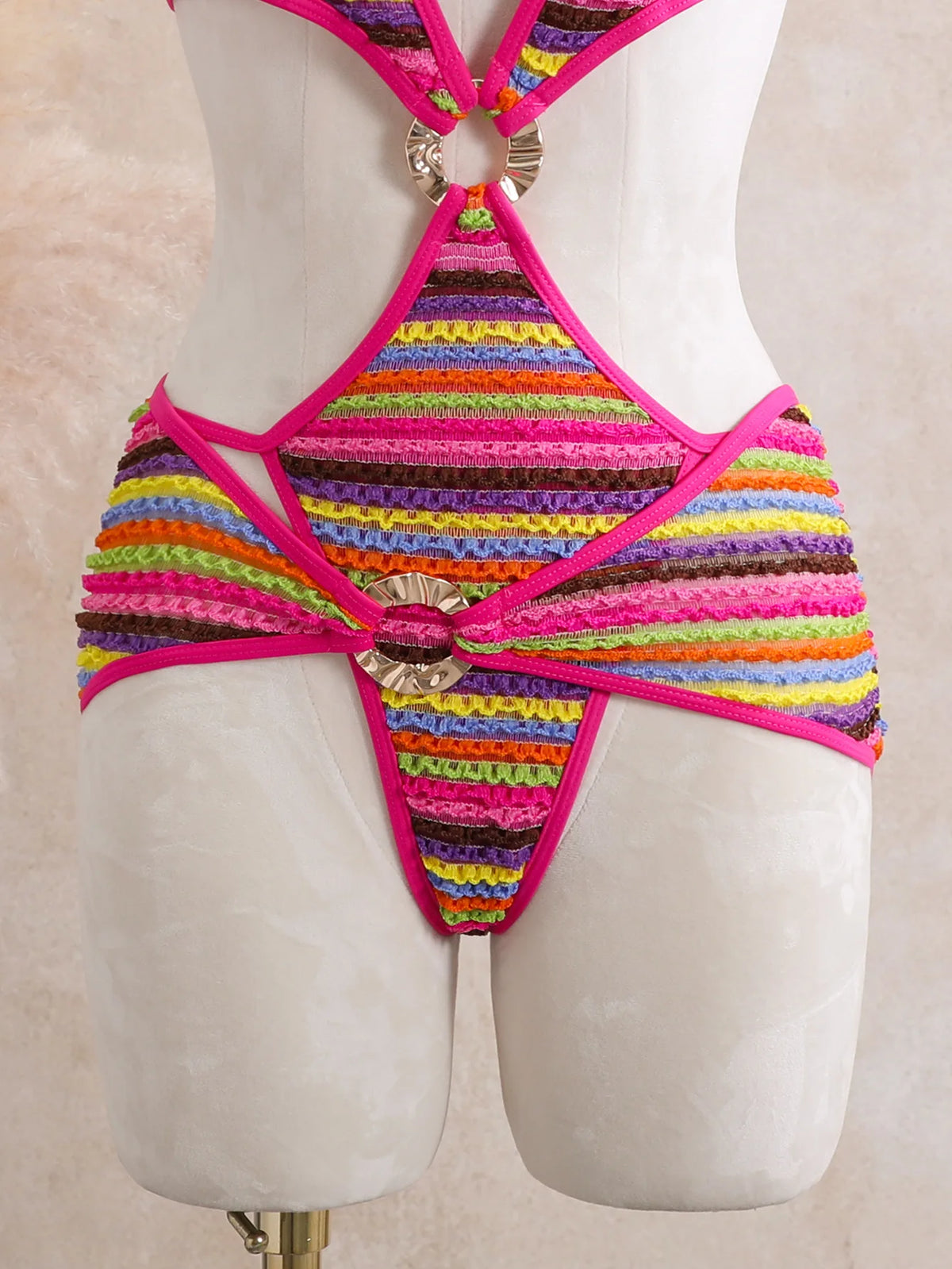 Sexy Black Stripe Knitted One Piece Swimwear Skirts Sets 2026 Women Metal Circle Hollow Out Backless Bathing Suit Thong Swimsuit