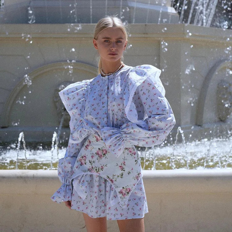 FDYOUI Women's O-neck Single Breasted Ruffles Floral Dress with Corset Ladies Chic Long Sleeve Tunics Shirts Dresses High Street