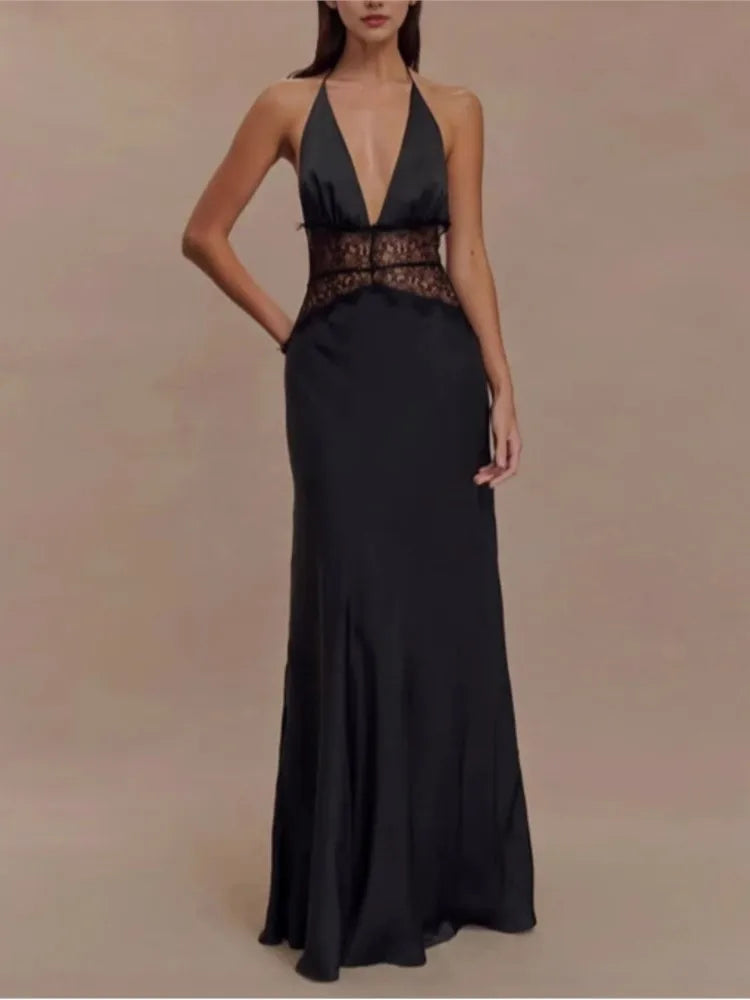 Summer Backless Sexy Long Dresses Women's Gown Patchwork Lace Halter V Neck Sleeveless High Waist Elegant Vestidos Para Mujer