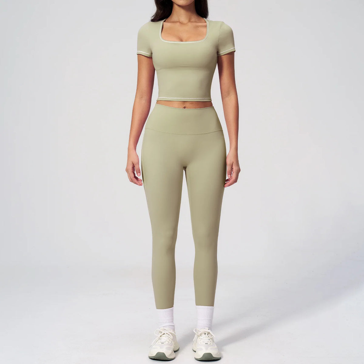 2PC Color Contrast Yoga Suit Women Short Sleeve Square Collar Slim Sports Top Fitness Suits Outdoor Exercise Leggings Tracksuit