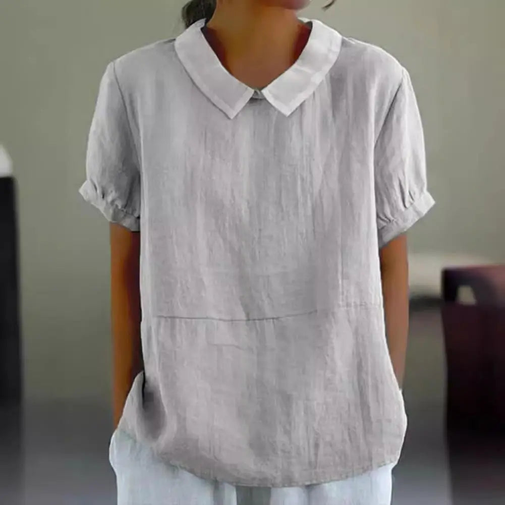 Summer Women Shirt Lapel Short Sleeve Solid Color Pullover Top Solid Color Loose Fit Shirt Tops Casual Streetwear