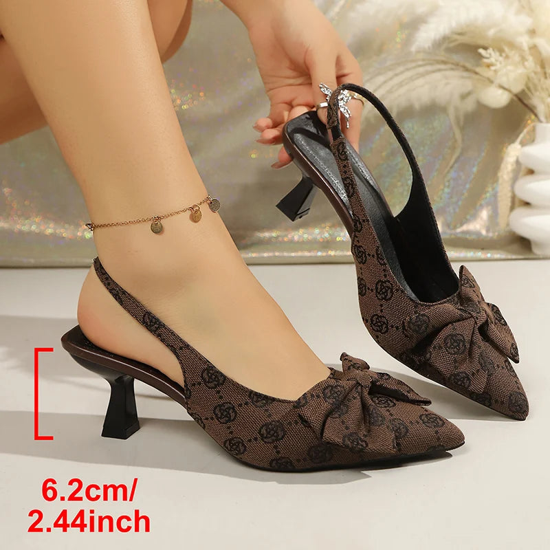 Fashion Design Stiletto High Heel Sandals Women Sexy Pointed Toe Printed Mules Sandals Woman Plus Size 43 Bowknot Party Shoes