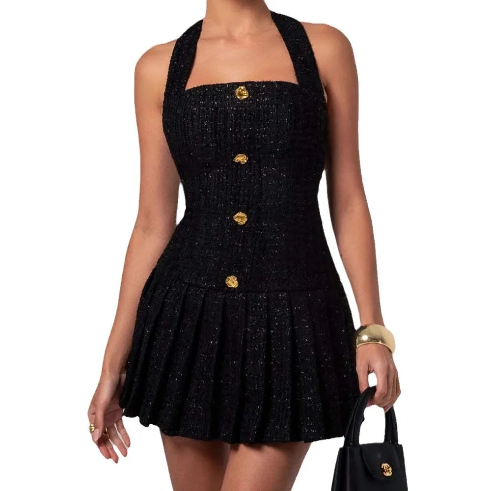Temperament Elegant Women's Halter Neck Dress Solid Color Braid Fabric Pleated Short Dresses Socialite Commuting Style Vestidos