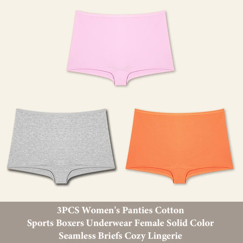 3PCS Women's Panties Cotton Seamless Sports Boxers Underwear Female Solid Color Briefs Cozy Lingerie Intimate Underpants XS-XL
