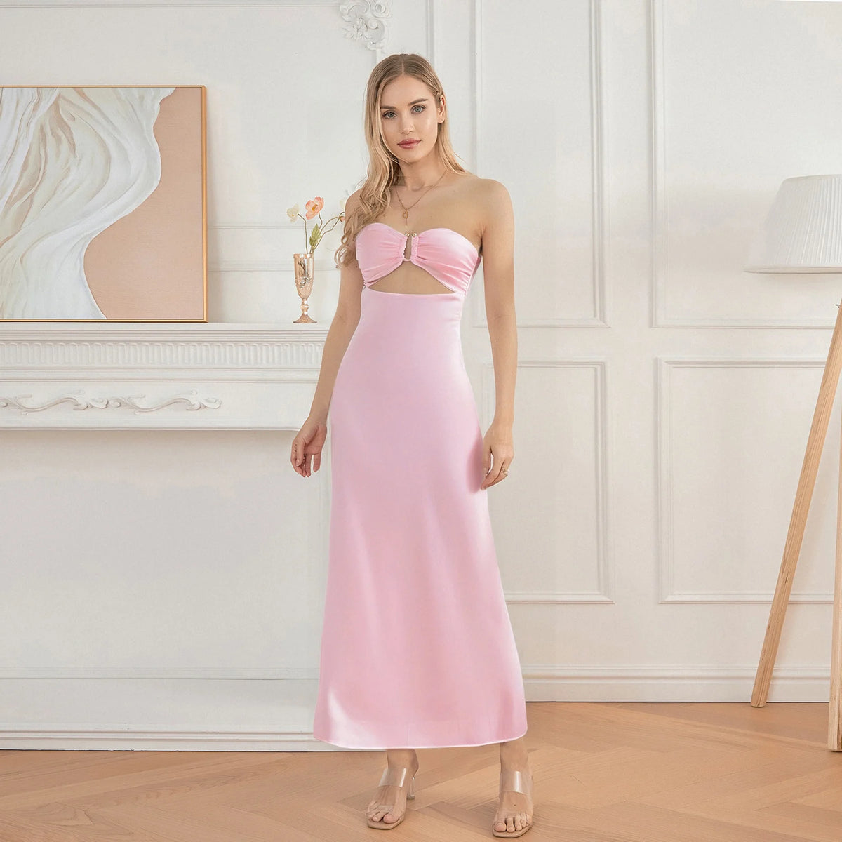 Women Floral Print Tie Backless Dress for Bohemian Party Evening Ring Cut Out Strapless Bodycon Long Dresses