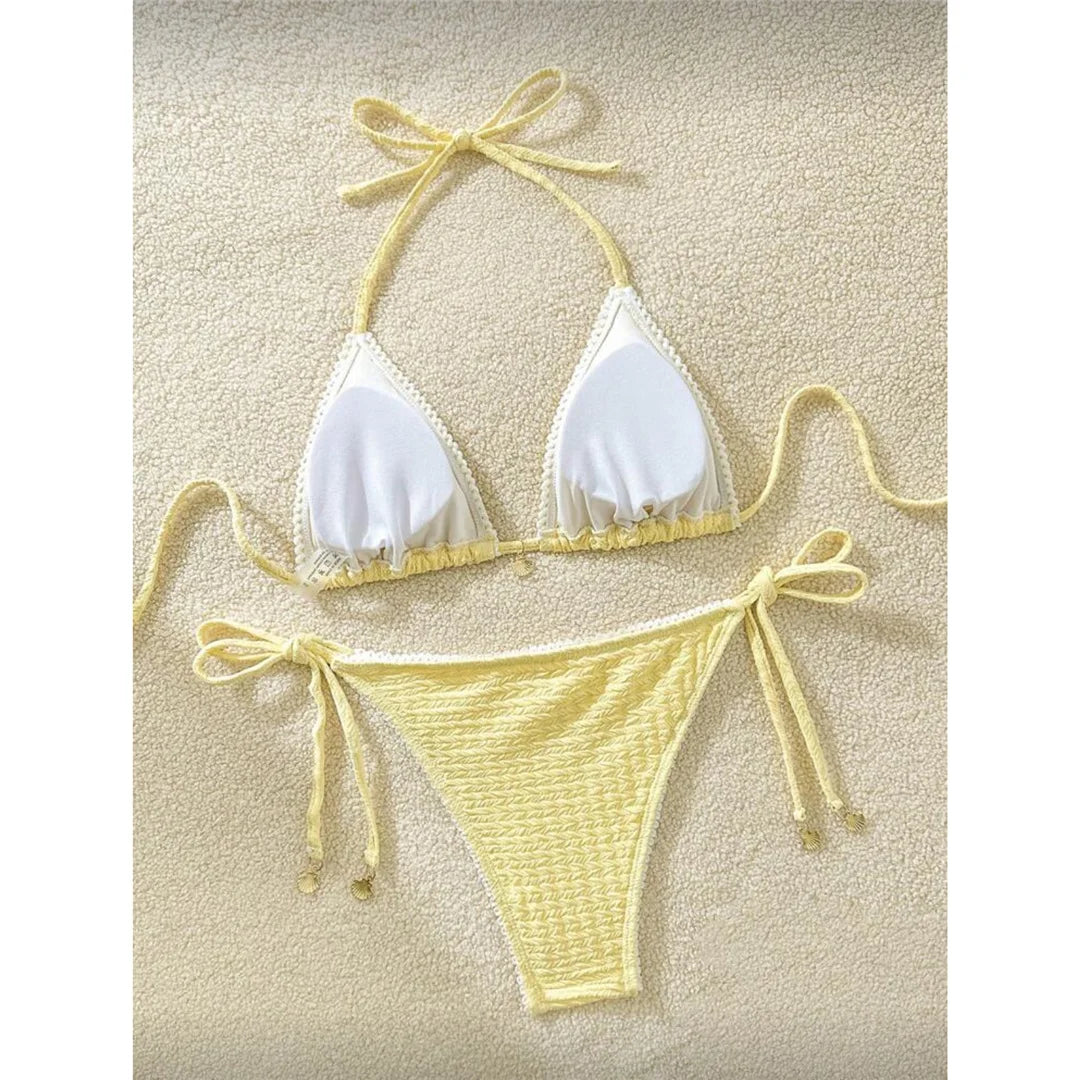 High Cut Leg Two-Pieces Bikini Set Bather Bathing Suit Swim Wrinkled Crinkled Halter Bikini Women Swimwear Female Swimsuit M125