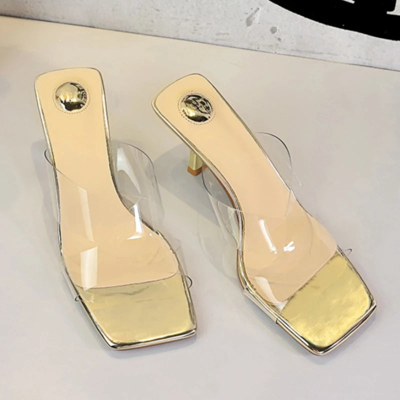 BIGTREE Sexy Silver PVC Transparent Crystal Womens Slippers 2026 Summer Square Toe Thin High Heels Sandals Ladies Shoes