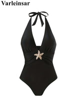 S - XL New With Skirt Deep V Neck Halter One Piece Swimsuit Women Swimwear Female Starfish Padded Bather Bathing Suit Swim V7977