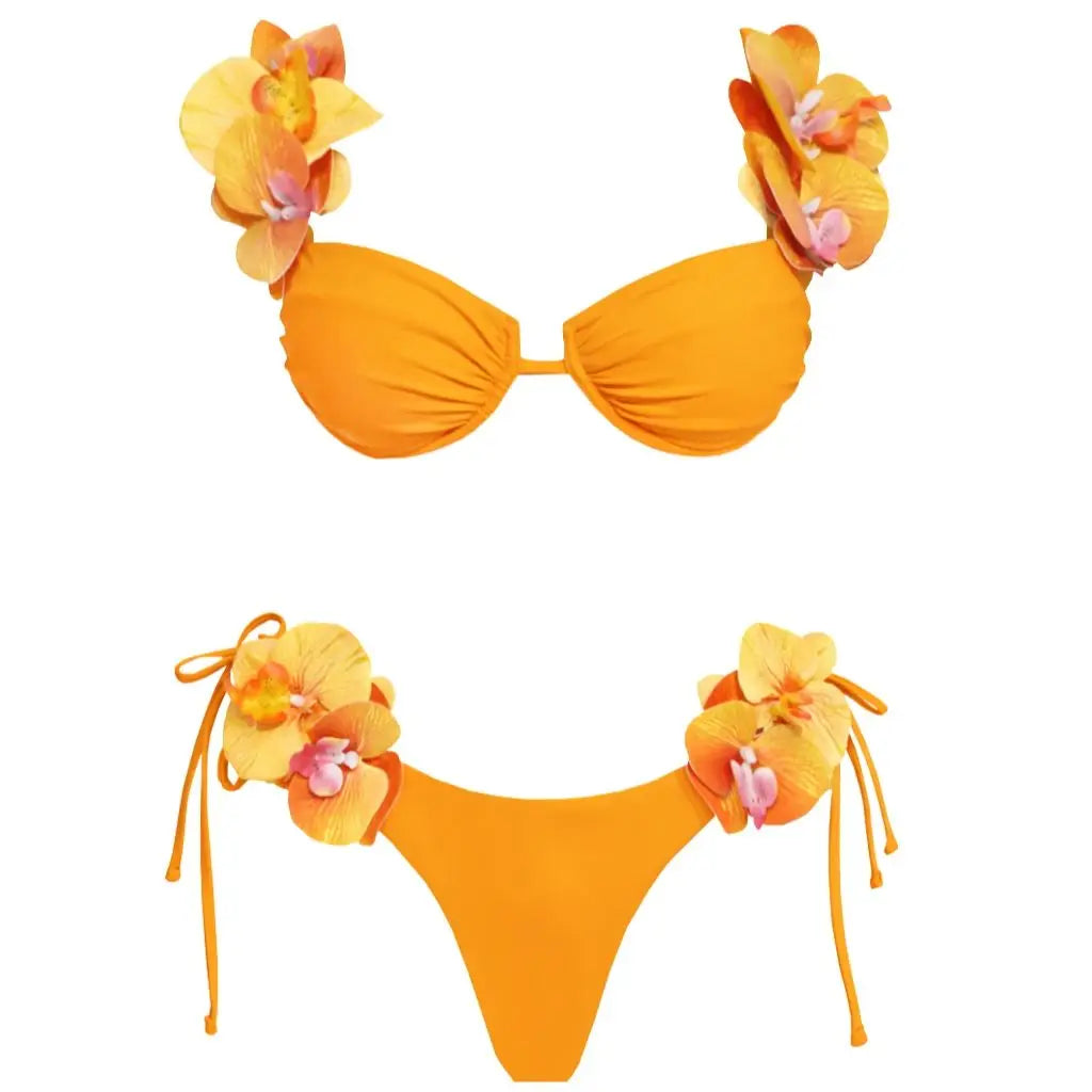 Flower Bikini With Skirt Set Sexy Women 3Pcs Swimsuit Push Up Swimwear Female Bandeau Biquini Bathing Suit Bodysuit Beachwear