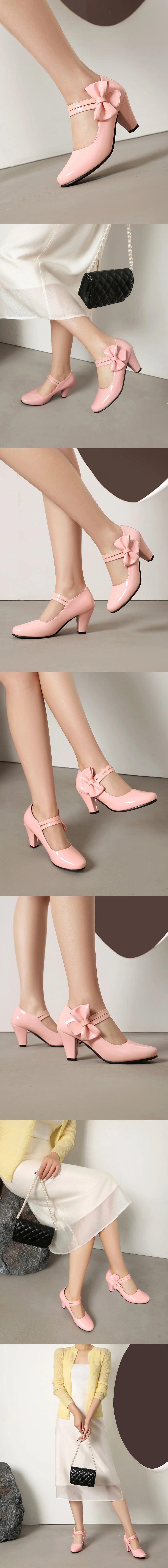 Plus Size 33-48 Sweet Polka Dot Mary Jane Heels Shoes Women Pink Blue Side Bow Tie Round Toe Chunky Block Heel Cute Lolita Pumps