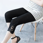 Summer Stretchy Cropped Pants Cropped Leggings Women Elastic Waist Embroidery Lace Stitching Thin Tight-Fitting Pants