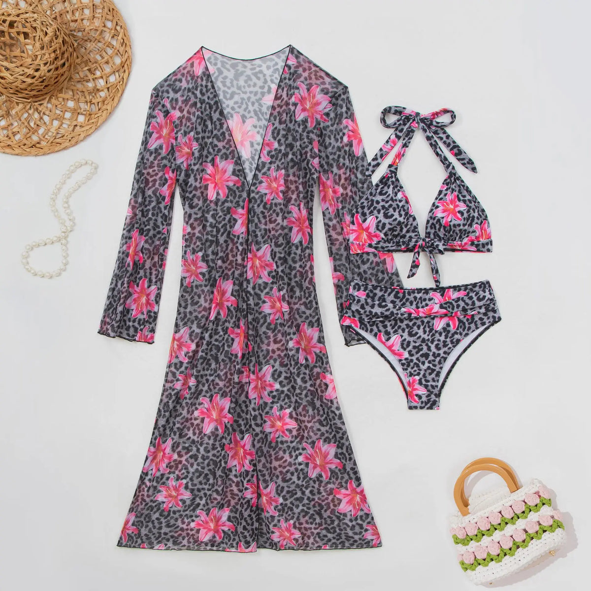 Blue Leopard Print Bikini Set Large Size Women Front Tie Push Up High Waist Swimsuit 2026 Long Sleeve Cover Up 3 Piece Swimsuit