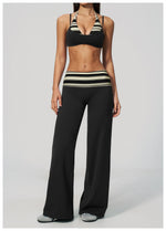 Fake Two-piece Sports Bra Yoga Sets Women Coffee Striped Patchwork Folding High Waist Wide Leg Pants Gym Running Fitness Suits