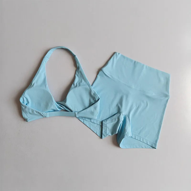2PCS Nude Sexy Yoga Set Halter Neck Sports Bra And Shorts Breathable Fitness Training Underwear Slimming Beautiful Back Design